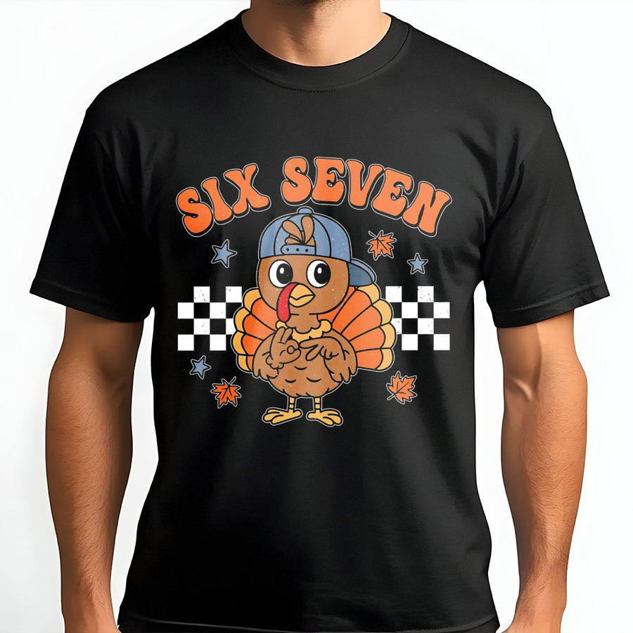 Six Seven Birthday Turkey T-Shirt | Retro Checkerboard Thanksgiving Design | Soft Premium Cotton Tee | Funny Fall Outfit for Kids and Adults