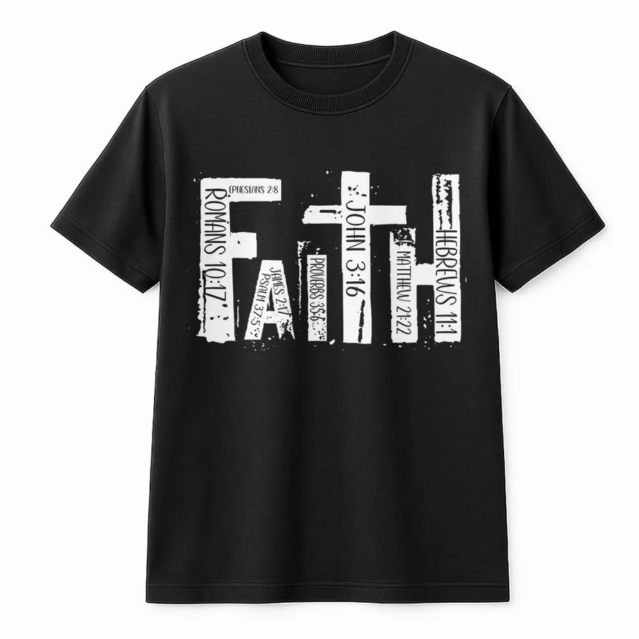Faith Bible Verse T-Shirt | Distressed Typography Cross Graphic | Premium Cotton Unisex Apparel | Religious Scripture Gift for Christians