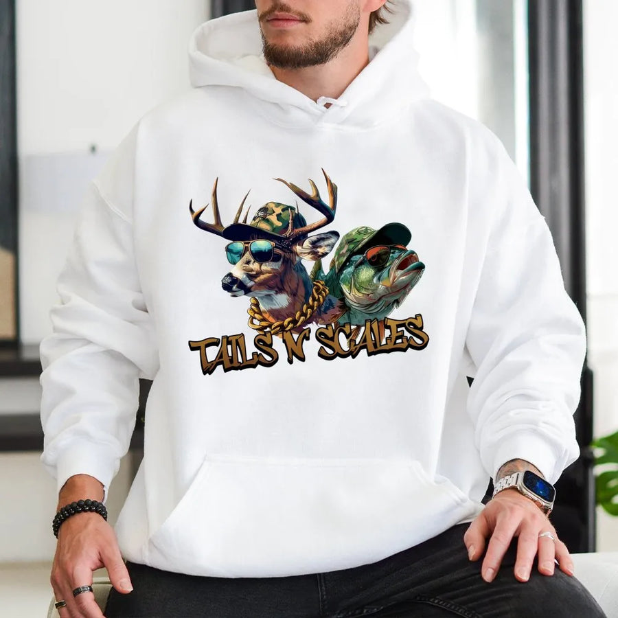 Hunting and Fishing Hoodie | Tails N Scales Deer Bass Graphic | Premium Unisex Pullover | Outdoor Gift for Sportsmen and Outdoorsmen