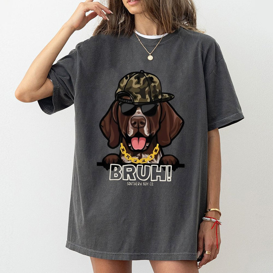 GSP Dog T-Shirt | Bruh Camo Hat Graphic Print | Premium 100% Cotton Tee | Funny German Shorthaired Pointer Gift for Hunting Dog Lovers
