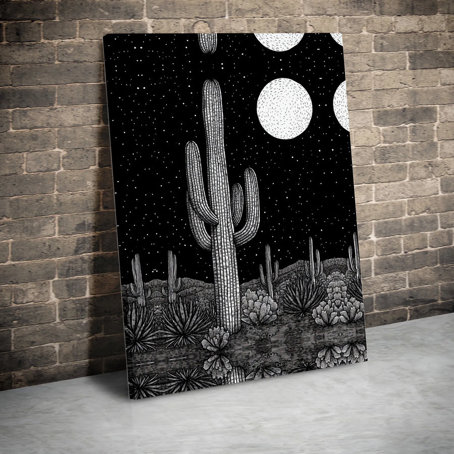 Saguaro Cactus Wall Art | Black and White Desert Night Landscape | Premium Gallery Wrapped Canvas | Minimalist Southwestern Home Decor Gift
