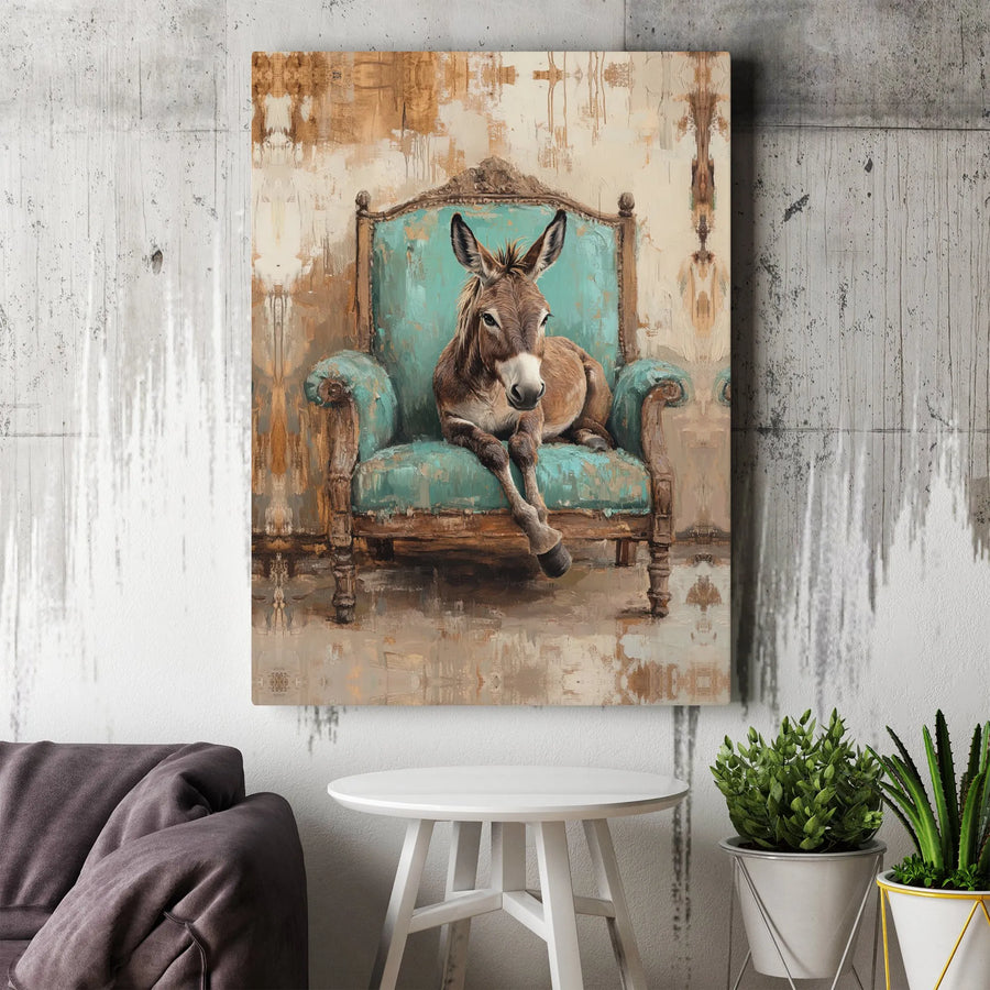 Donkey Wall Art Canvas | Whimsical Animal Sitting in Vintage Turquoise Armchair | Premium Gallery Wrap Print | Funny Farmhouse Decor Gift for Animal Lovers