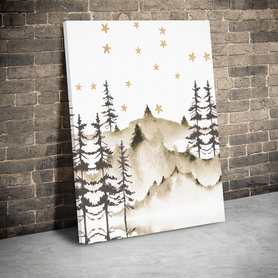Watercolor Pine Forest Wall Art | Mountains With Gold Stars Canvas Print | 1.25-Inch Gallery Wrap | Nature-Inspired Home Decor For Living Room