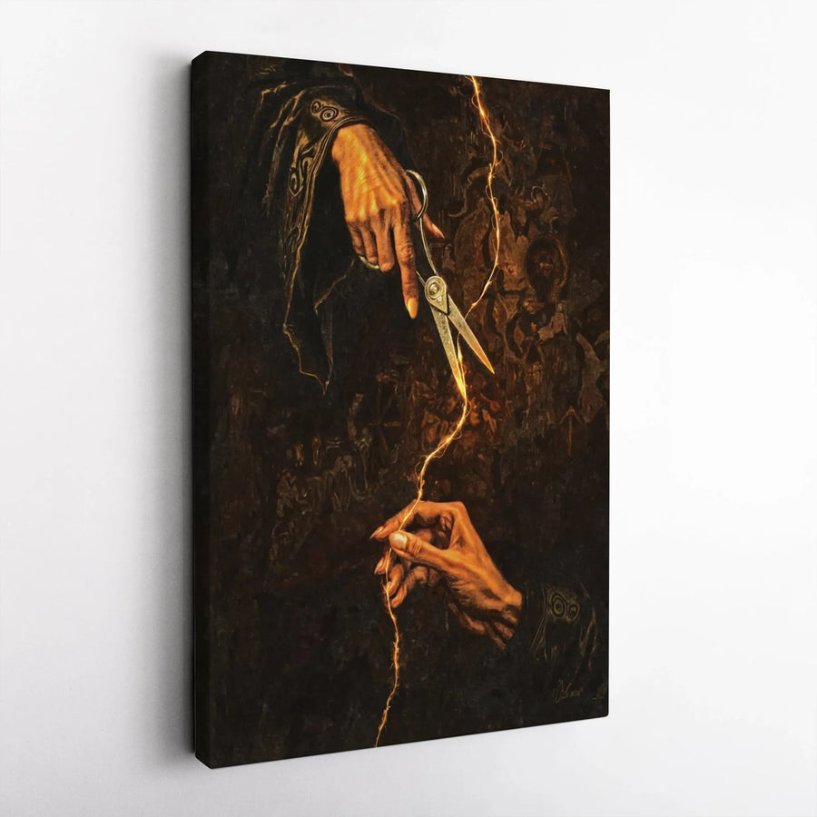 Atropos Cutting Life Thread Canvas | Greek Mythology Dark Academia Wall Art | Premium Gallery Wrapped Print | Gothic Home Decor Gift