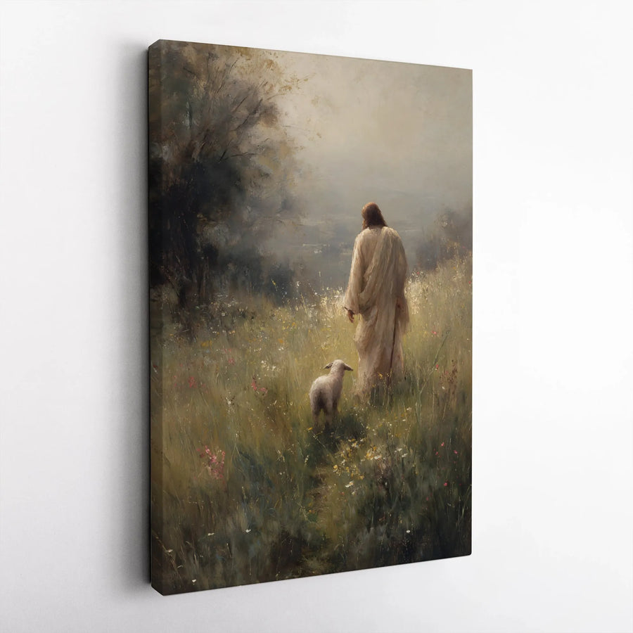 Jesus The Good Shepherd Canvas Art | Peaceful Lamb in Wildflower Field | Premium Gallery Wrap Wall Decor | Religious Home Gift for Christians