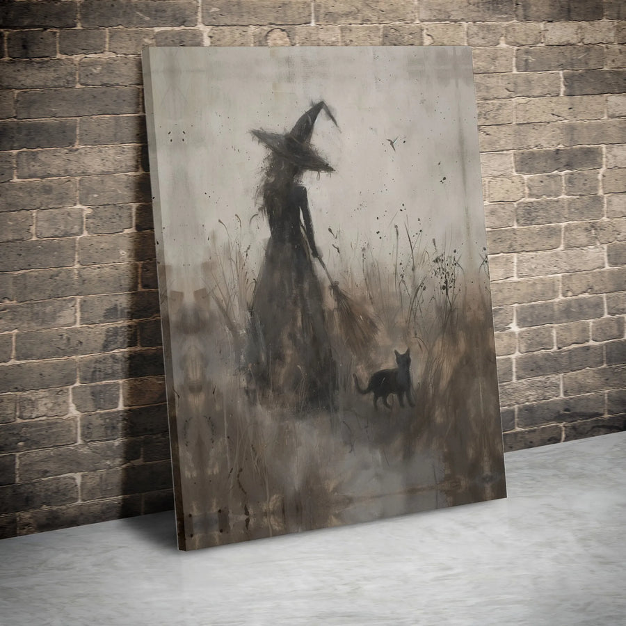 Witch With Black Cat Canvas Print | Gothic Witchcraft Field Wall Art | 1.25-Inch Premium Gallery Wrap | Spooky Halloween Home Decor Gift
