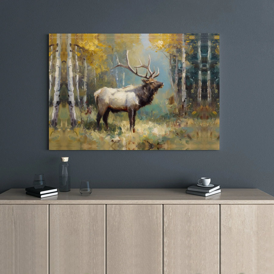 Majestic Bull Elk Canvas Print | Autumn Aspen Forest Oil Painting Style | 1.25" Gallery Wrap | Wildlife Nature Wall Art for Cabin Lodge Decor