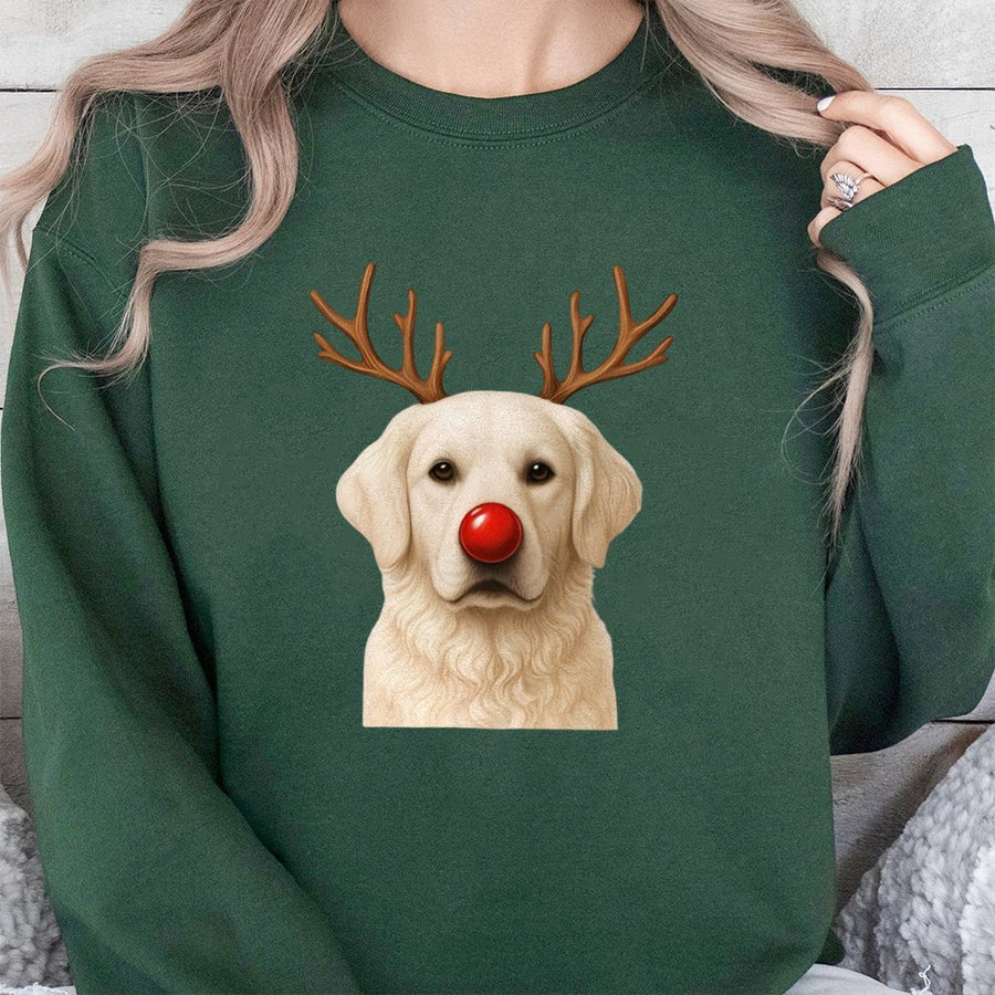 Christmas Golden Retriever Sweatshirt | Reindeer Antlers and Red Nose Graphic | Cotton Blend Premium Crewneck | Funny Dog Lover Holiday Gift