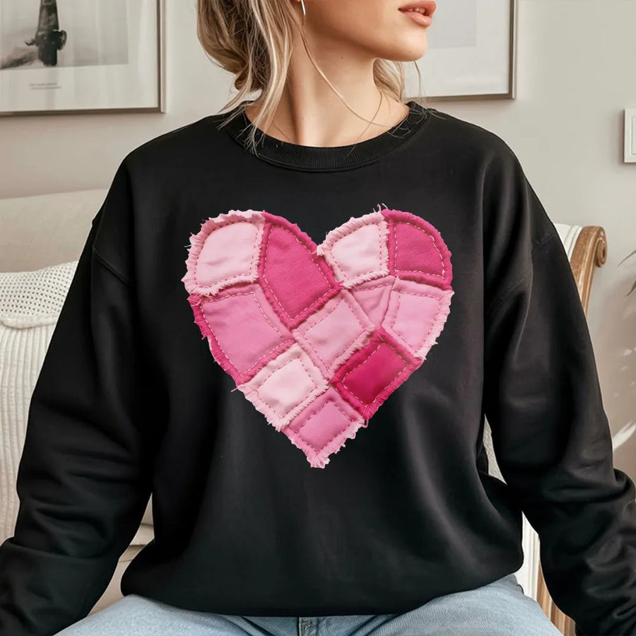 Patchwork Heart Sweatshirt | Pink Quilted Love Design | Premium Cotton Blend | Romantic Valentine Gift for Her & Couples