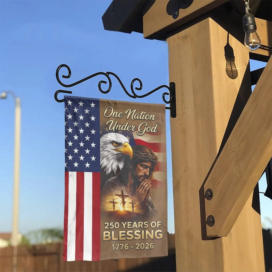 One Nation Under God Garden Flag | Jesus & Eagle American Flag Art | Double Sided Weatherproof Fabric | 250th Anniversary Blessing Gift for Christian Patriots