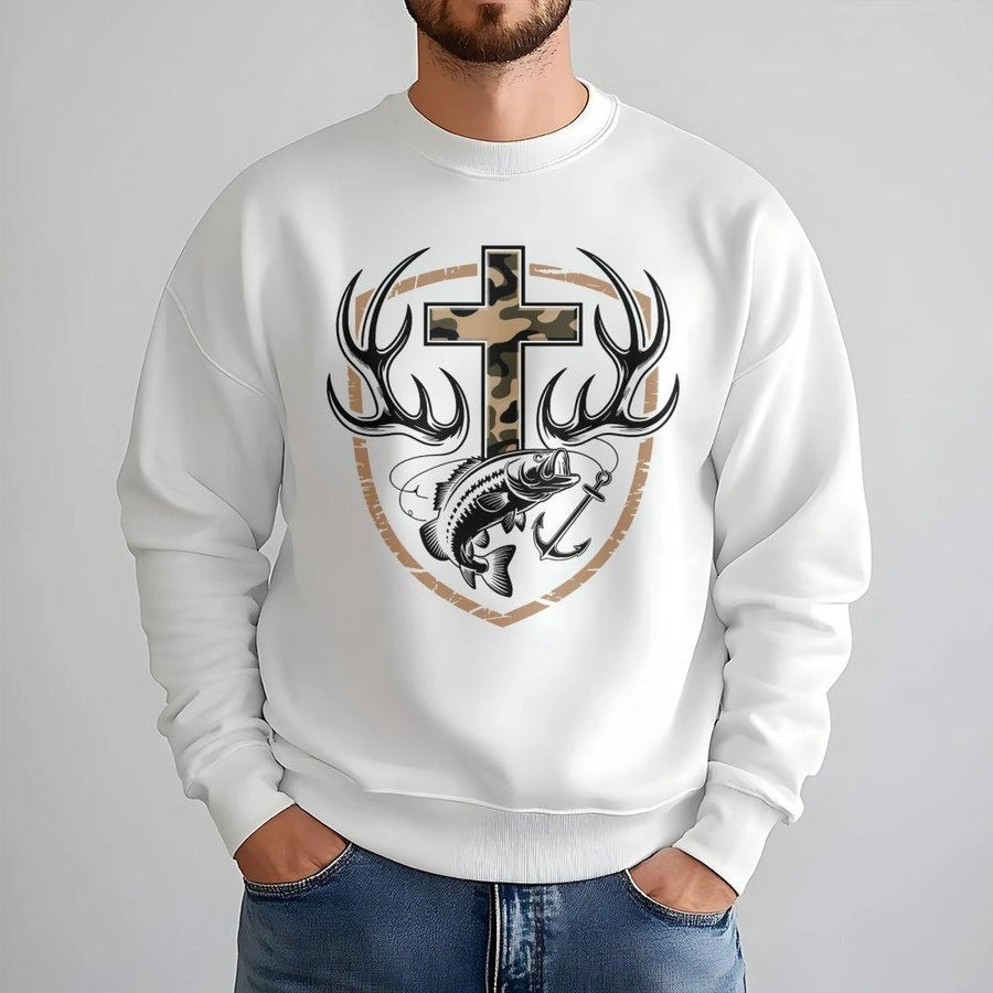 Camo Cross Hunting Sweatshirt | Antler Fish Graphic Design | Premium Cotton Blend | Christian Outdoorsman Gift for Him or Her