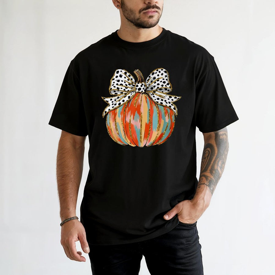 Coquette Bow Pumpkin T-Shirt | Fall Aesthetic Graphic Print | Premium 100% Cotton Tee | Trendy Thanksgiving Autumn Gift for Women