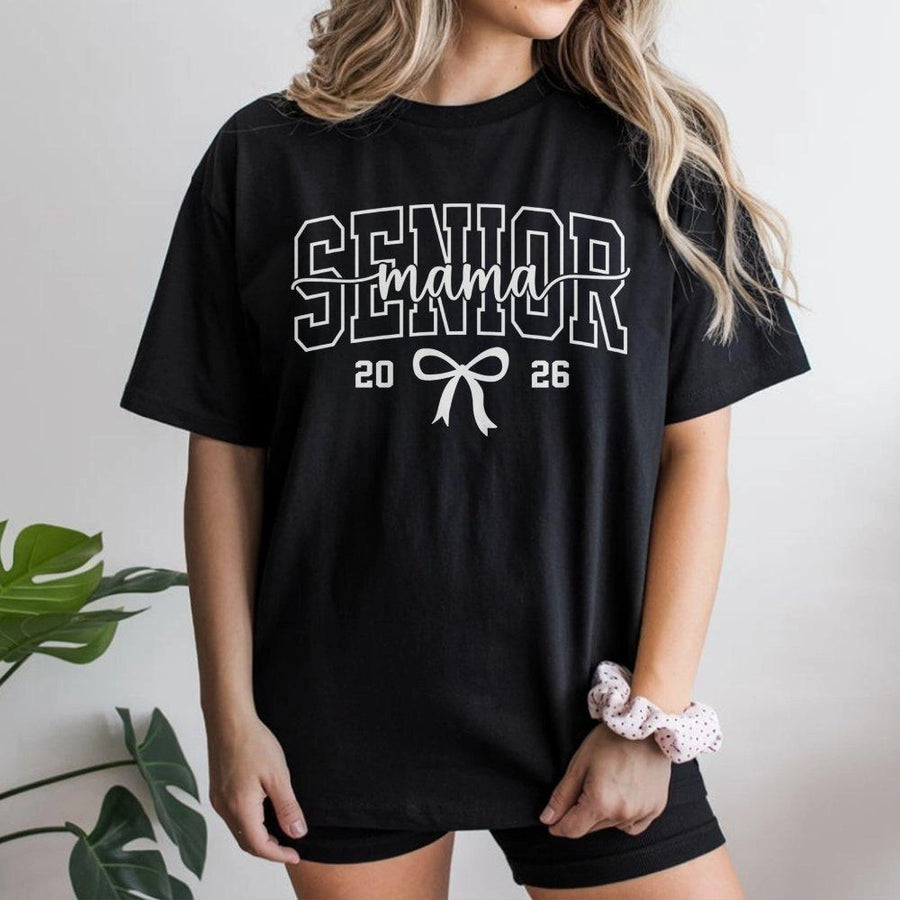 Senior Mama 2026 T-Shirt | Varsity Letter Graphic With Bow | Soft Cotton Premium Quality | Graduation Season Gift For Proud Mothers