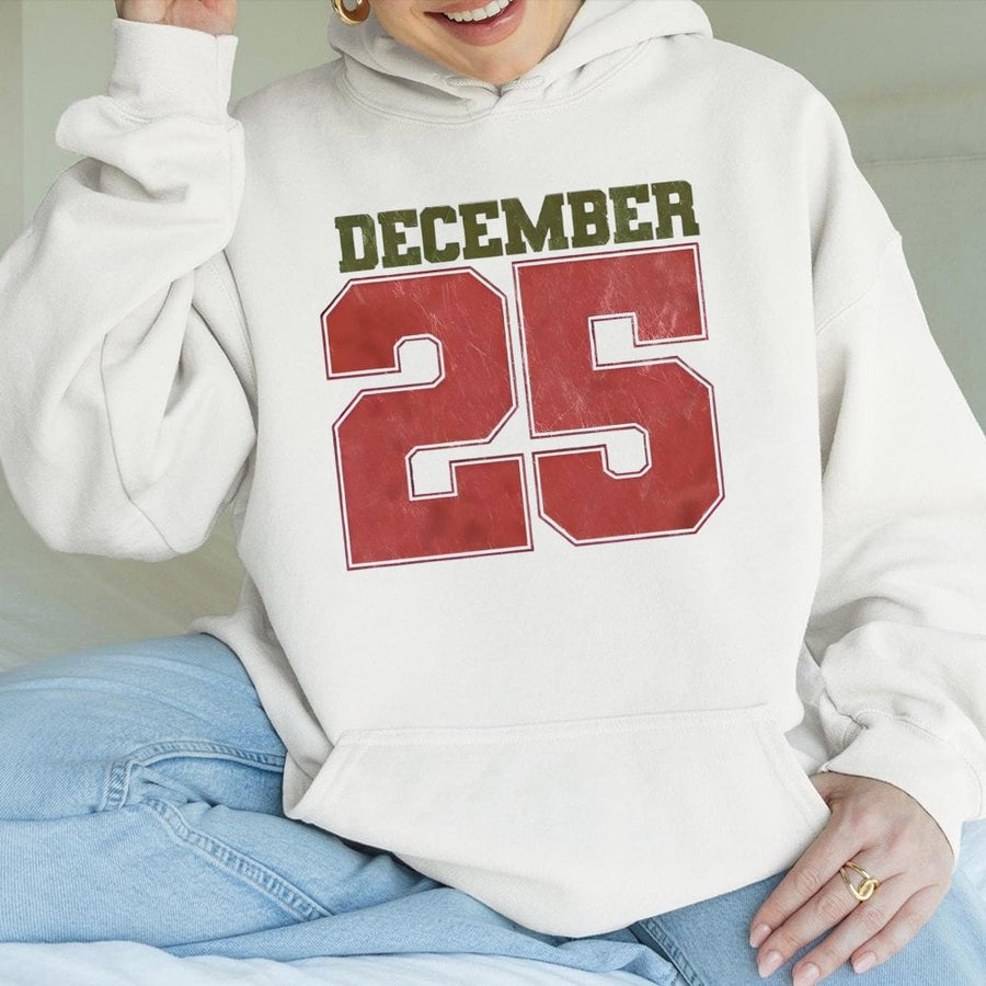December 25 Christmas Hoodie | Retro Varsity Number Graphic | Premium Cotton Blend | Unisex Holiday Gift for Her and Him
