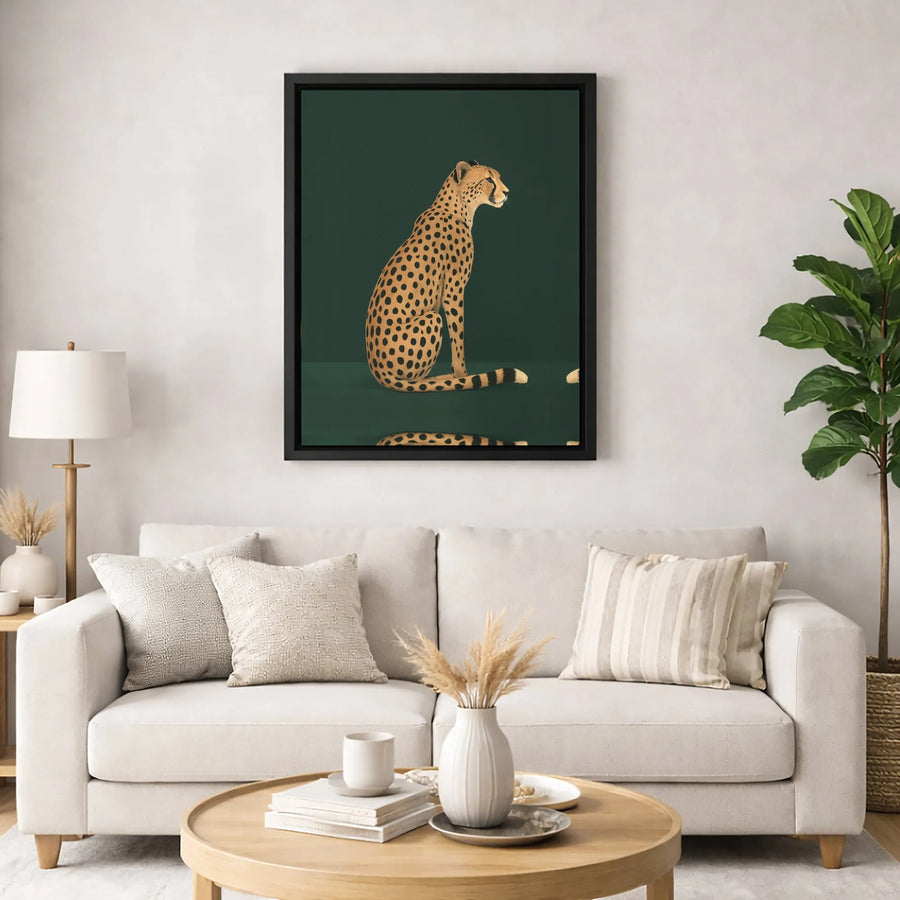 Sitting Cheetah Canvas Print | Dark Green Wildlife Wall Art | Premium Fade-Resistant Gallery Wrap | Modern Home Decor Gift