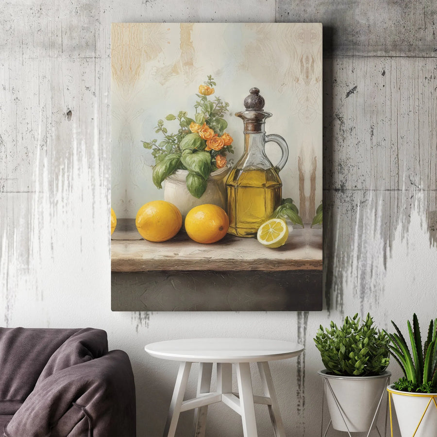 Still Life Kitchen Canvas Print | Lemons and Olive Oil Painting | 1.25 Inch Gallery Wrap | Mediterranean Decor for Home or Dining Room