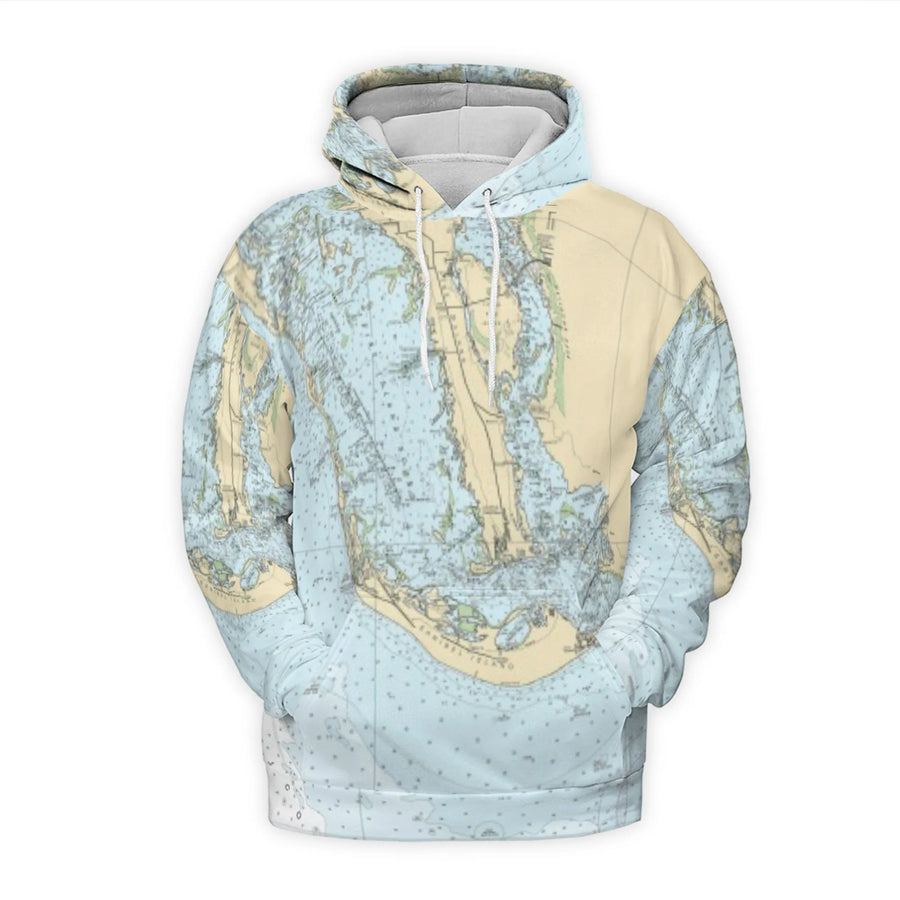 Ten Thousand Islands Nautical Chart Hoodie | All-Over Map Print Pullover | Premium Polyester Fleece | Coastal Beach Lover Gift