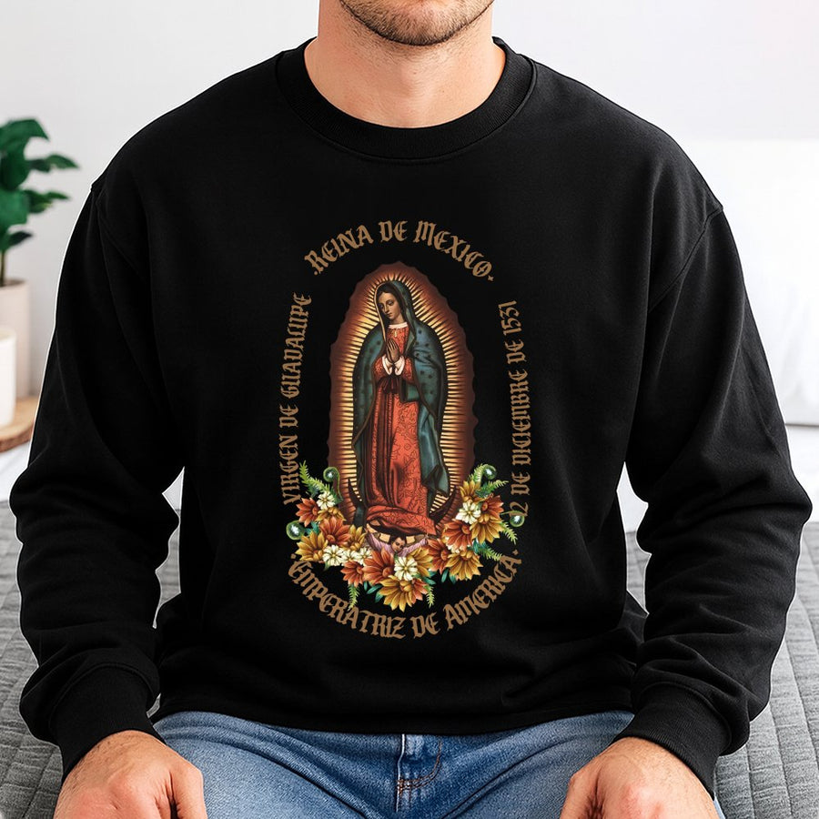 Virgin of Guadalupe Sweatshirt | Floral Religious Graphic Print | Premium Cotton Blend Crewneck | Christian Faith Gift for Men and Women