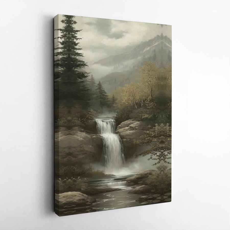 Misty Mountain Waterfall Canvas Art | Vintage Forest Landscape Painting | Premium Gallery Wrapped Print | Nature Lover Gift for Home Office Decor