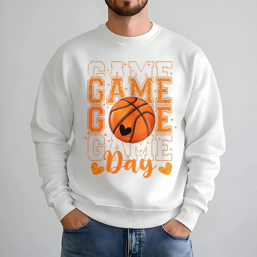 Game Day Basketball Sweatshirt | Glitter Heart Graphic Print | Premium Cotton Blend | Gift For Basketball Mom Or Sports Fan
