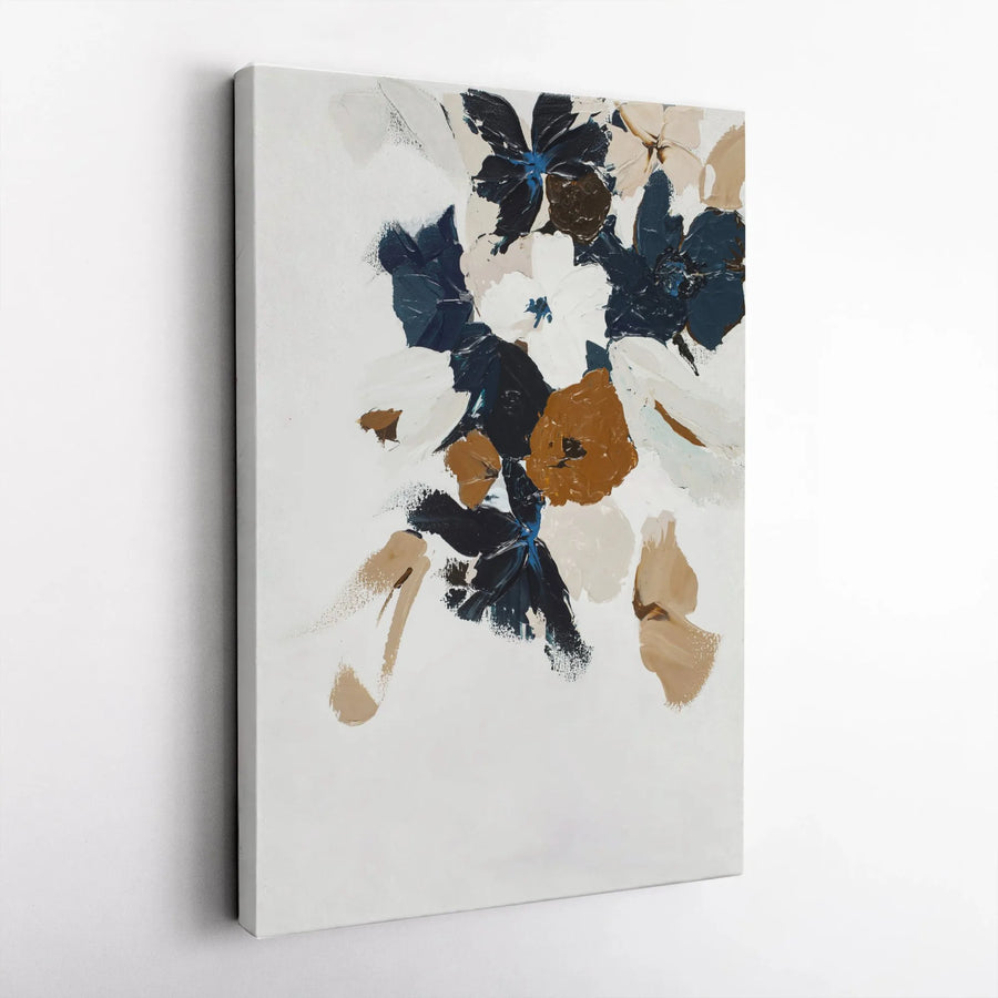 Abstract Floral Canvas Wall Art | Navy and Beige Textured Botanical Print | Premium Thick Gallery Wrap | Modern Living Room Decor Gift