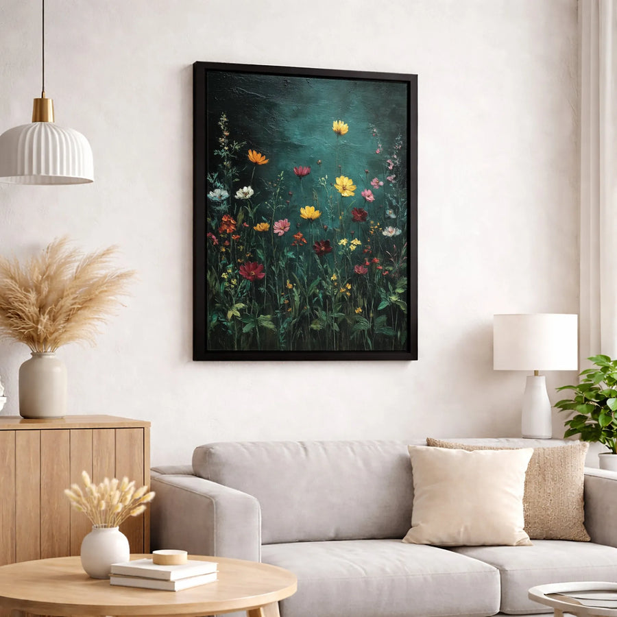 Wildflower Field Canvas Wall Art | Moody Dark Botanical Oil Painting Print | Premium Gallery-Wrapped Decor | Nature-Inspired Home Gift