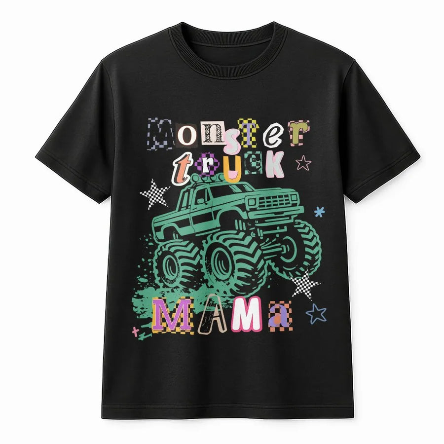 Monster Truck Mama T-Shirt | Retro Checkered Graphic Pullover | Soft Cotton Blend | Trendy Gift for Mom
