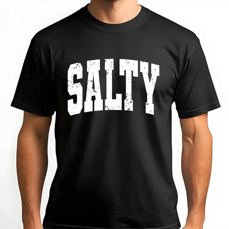 Salty T-Shirt | Distressed Varsity Graphic Crewneck | Premium Cotton Blend | Gift for Beach and Ocean Lover