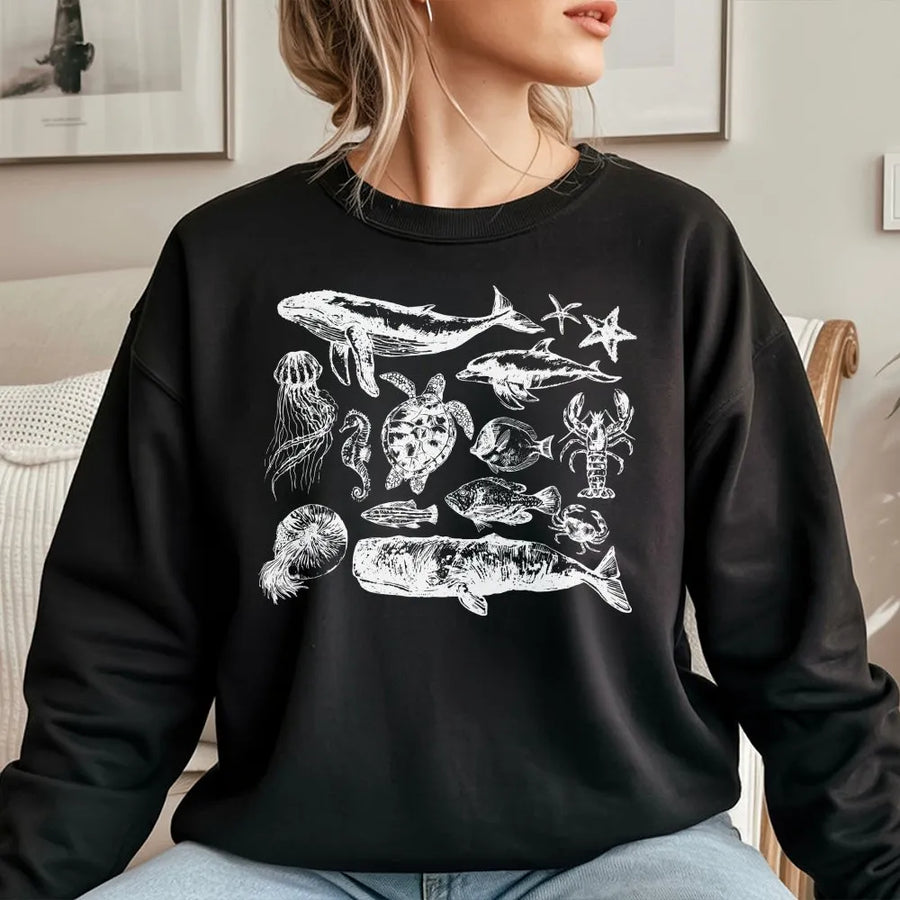Vintage Sea Animals Sweatshirt | Marine Life Scientific Illustration | Premium Cotton Blend | Gift for Ocean Lover