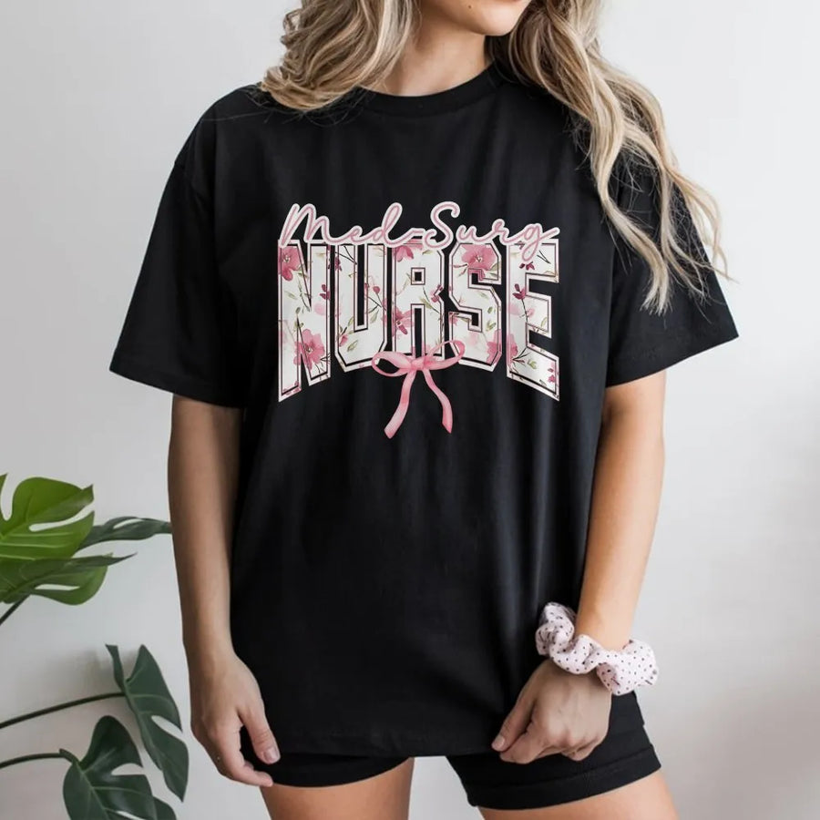 Med Surg Nurse T-Shirt | Aesthetic Floral Bow Graphic | Soft Cotton Tee | Nurse Graduation Gift for Medical Student