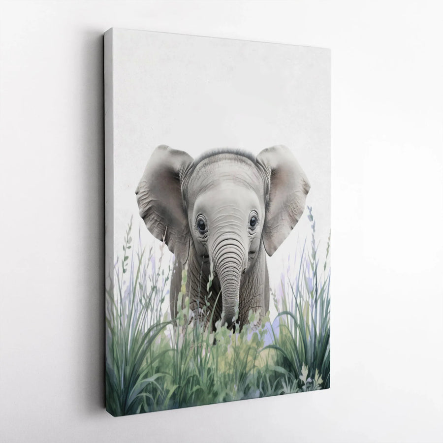Baby Elephant Canvas Print | Watercolor Wildflower Nursery Wall Art | Premium Gallery Wrapped Decor | Cute Animal Wildlife Gift for Kids