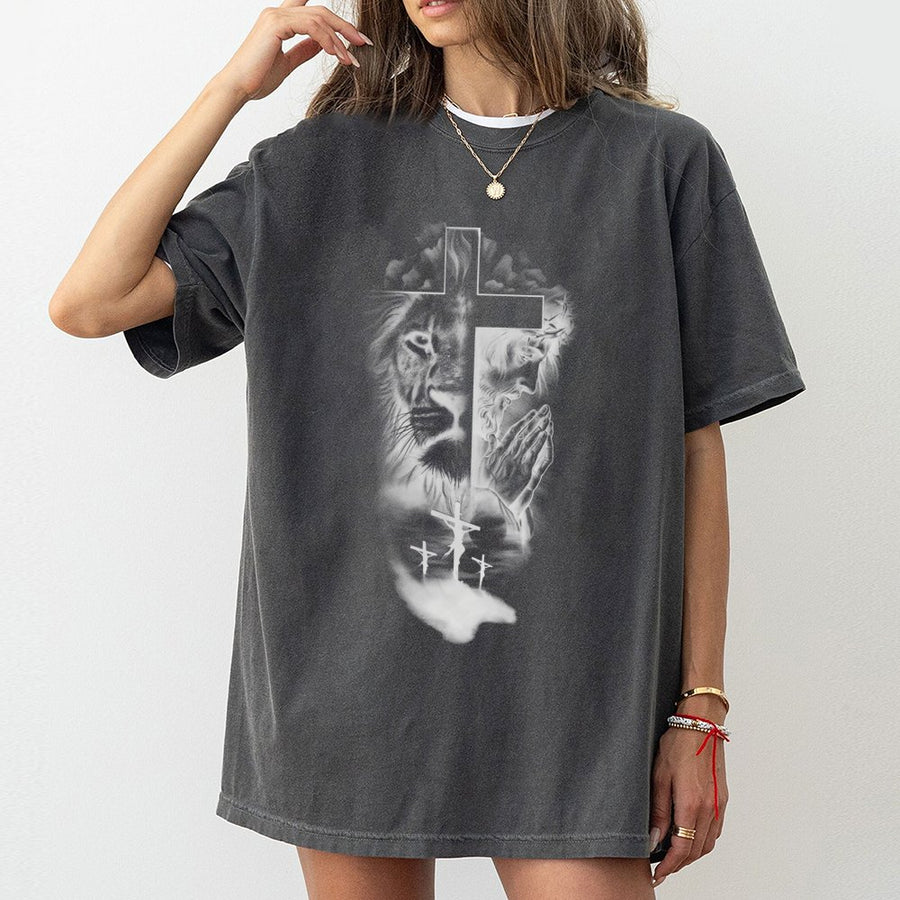 Lion of Judah Jesus Cross T-Shirt | Artistic Religious Faith Graphic | 100% Cotton Premium Tee | Spiritual Christian Gift for Men and Women