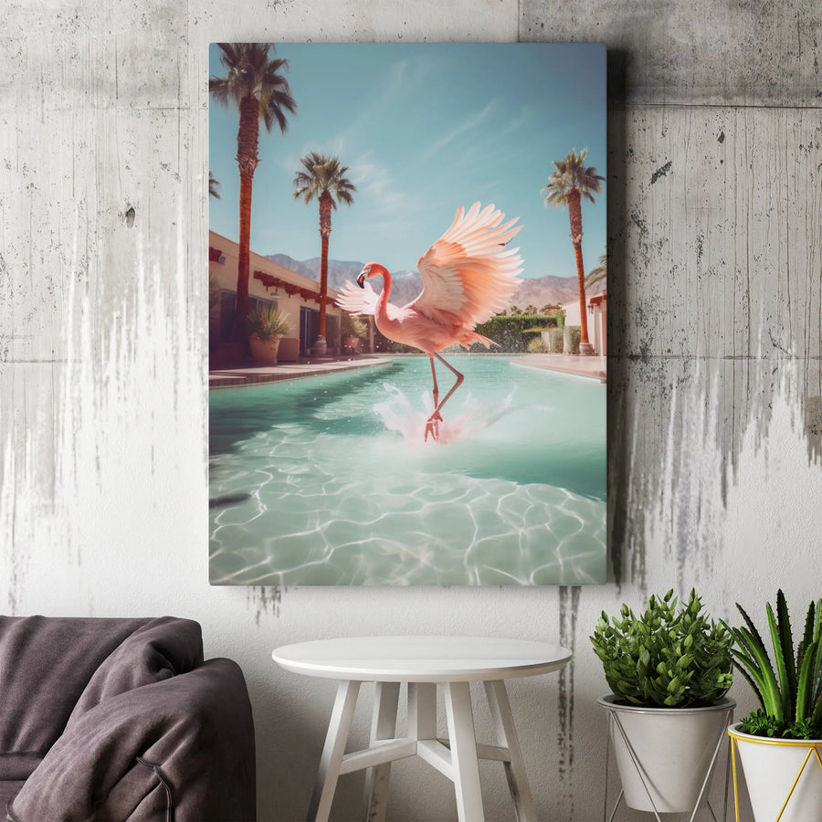 Vintage Flamingo Wall Art | Retro Palm Springs Pool Scene Canvas Print | High-Quality Gallery Canvas | Modern Living Room Decor Gift