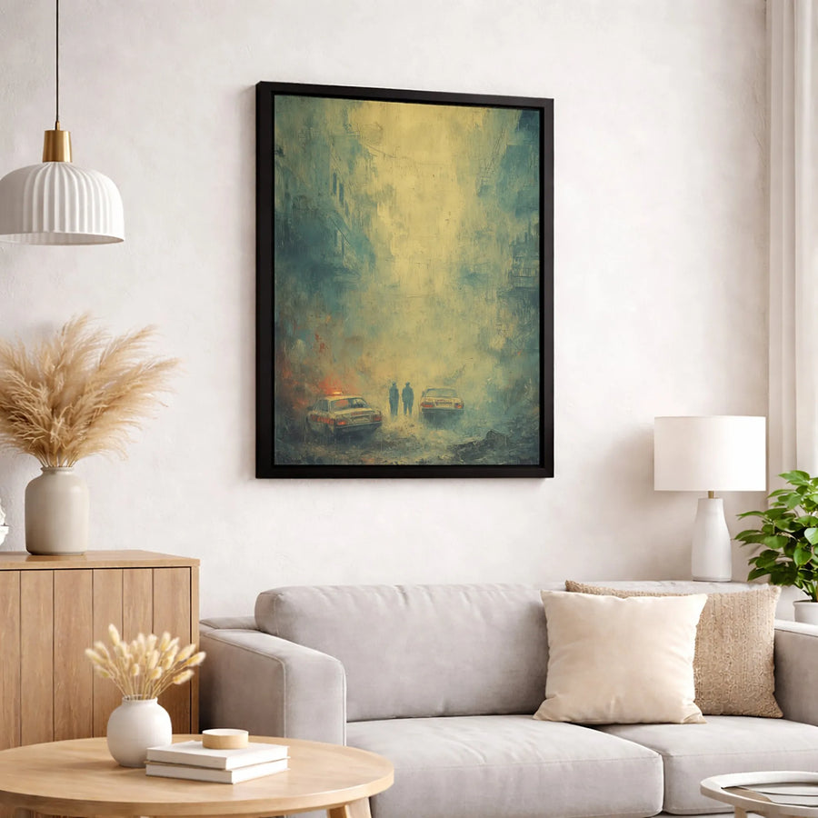 Foggy City Police Street Art | Moody Urban Noir Canvas Print | Premium Gallery-Wrapped Decor | Gift for Crime Drama Fans and Collectors