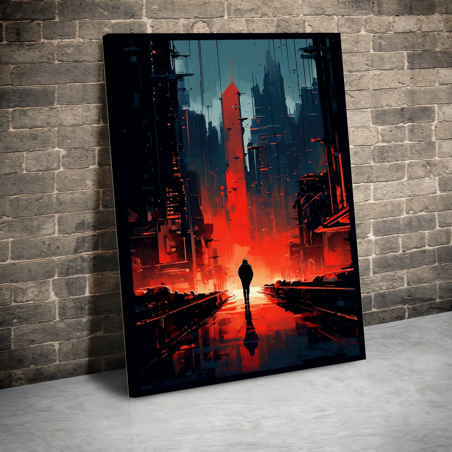 Cyberpunk City Wall Art | Futuristic Cityscape with Lone Figure | Premium Thick Gallery Canvas | Sci-Fi Gamer Room Decor Gift