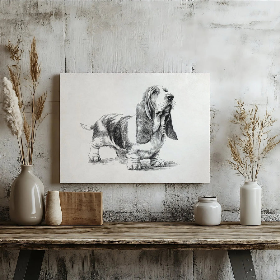 Basset Hound Canvas Wall Art | Vintage Sketch Illustration | Premium Gallery Wrapped Canvas | Gift for Dog Lover & Minimalist Home Decor