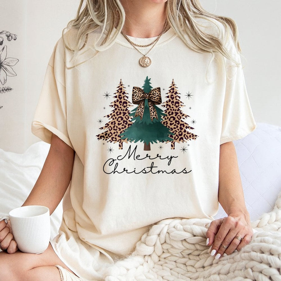 Leopard Print Christmas Tree T-Shirt | Coquette Bow Holiday Graphic | 100% Cotton Premium Tee | Festive Women's Gift Apparel