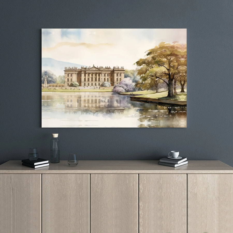 Stately Manor Landscape Canvas | Watercolor Lakeside Architecture Print | 1.25 Inch Gallery Wrap | Elegant Home Decor Wall Art
