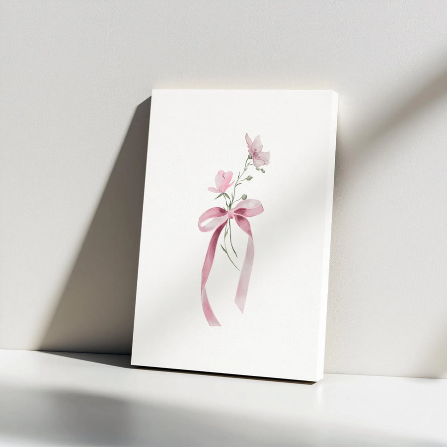 Pink Flower Wall Art | Watercolor Floral Print with Ribbon Bow | Premium Gallery Wrapped Canvas | Minimalist Botanical Home Decor Gift
