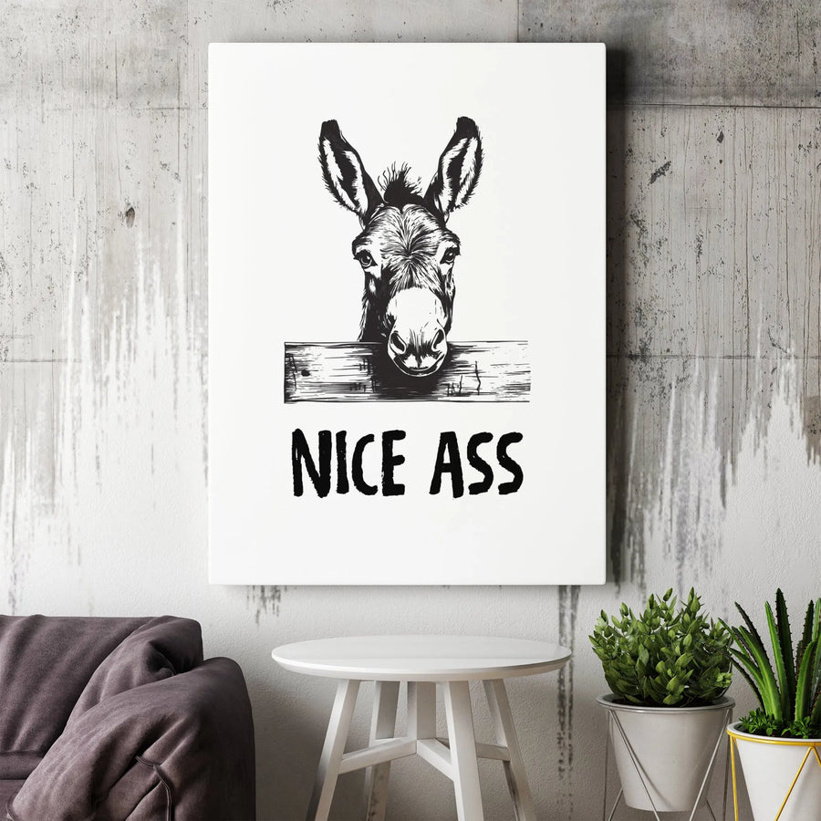 Funny Donkey Canvas Wall Art | Nice Ass Pun Sketch Print | Premium Gallery Wrapped Canvas | Humorous Bathroom Decor Gift for Friend
