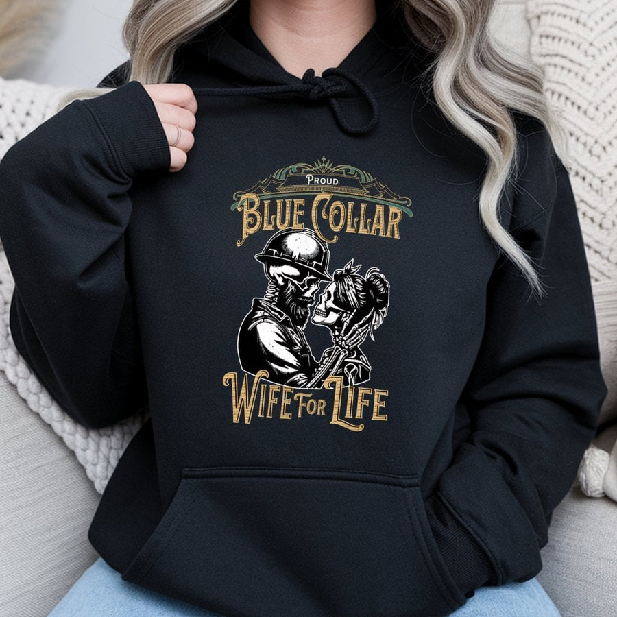 Blue Collar Wife Hoodie | Skull Couple Graphic Sweatshirt | Soft Cotton-Poly Blend | Premium Gift for Tradesman Wife