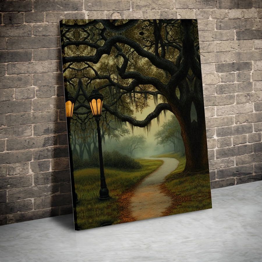 Foggy Forest Path Canvas Wall Art | Mystical Oak Tree & Lamp Light Decor | Premium Gallery Wrapped Canvas | Atmospheric Landscape Gift for Home