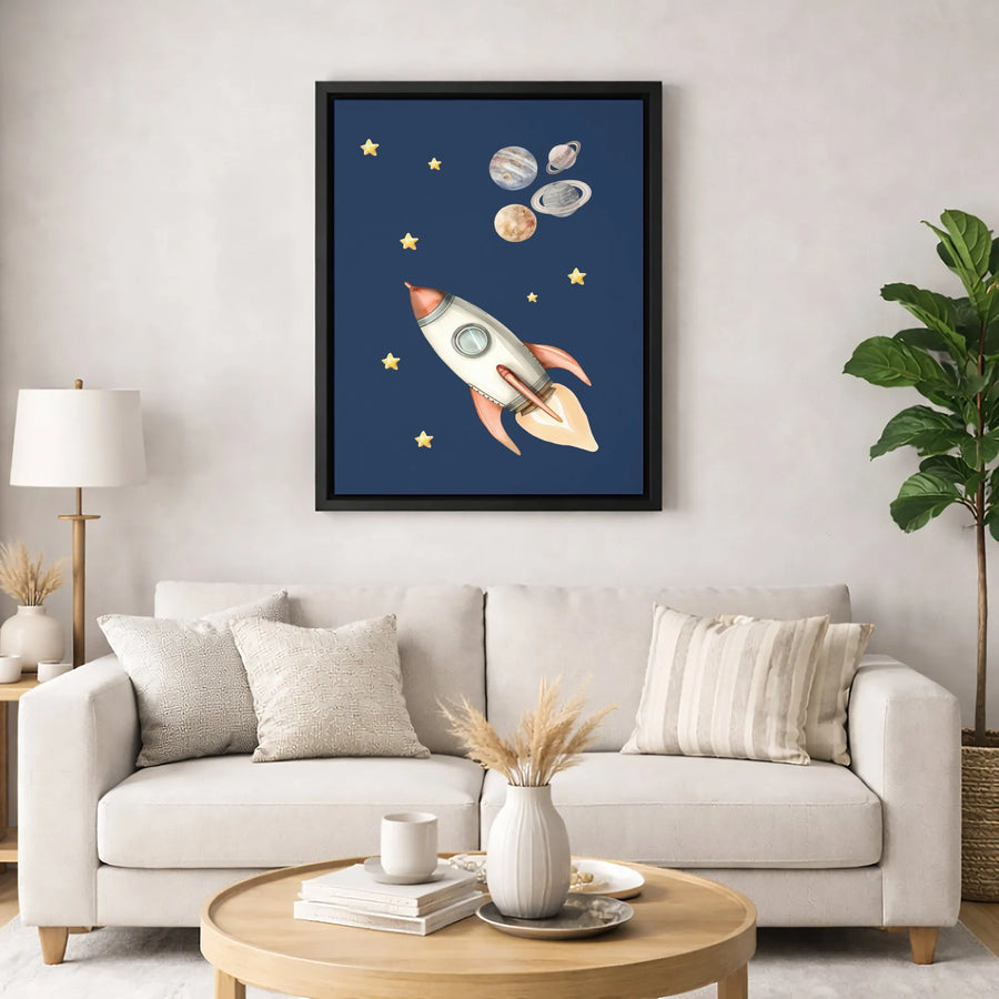 Watercolor Rocket Ship Canvas Print | Space Planets and Stars Wall Art | Premium 1.25-Inch Gallery Wrap | Nursery and Kids Room Decor