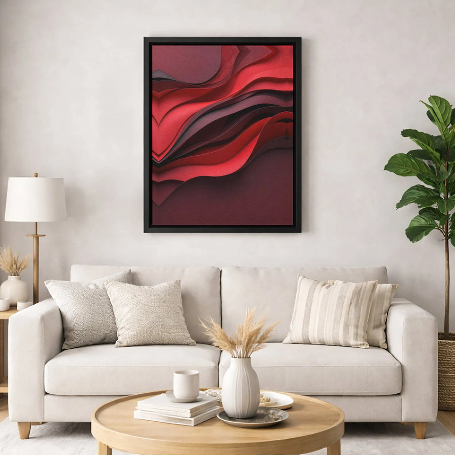 Abstract Red Canvas Wall Art | Wavy Layered Minimalist Decor | Premium Fade-Resistant Gallery Wrap | Modern Home Office Statement Piece