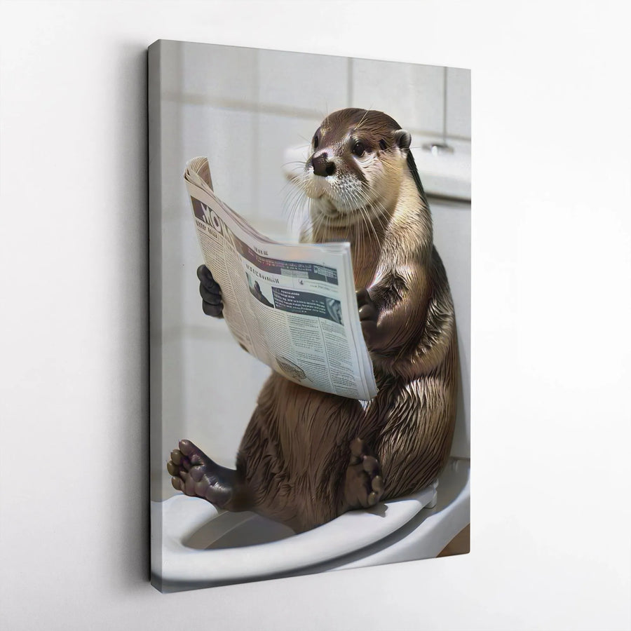 Funny Otter Reading Newspaper on Toilet Canvas Art | Whimsical Bathroom Wall Decor | Premium Fade-Resistant Print | Quirky Gift for Animal Lovers