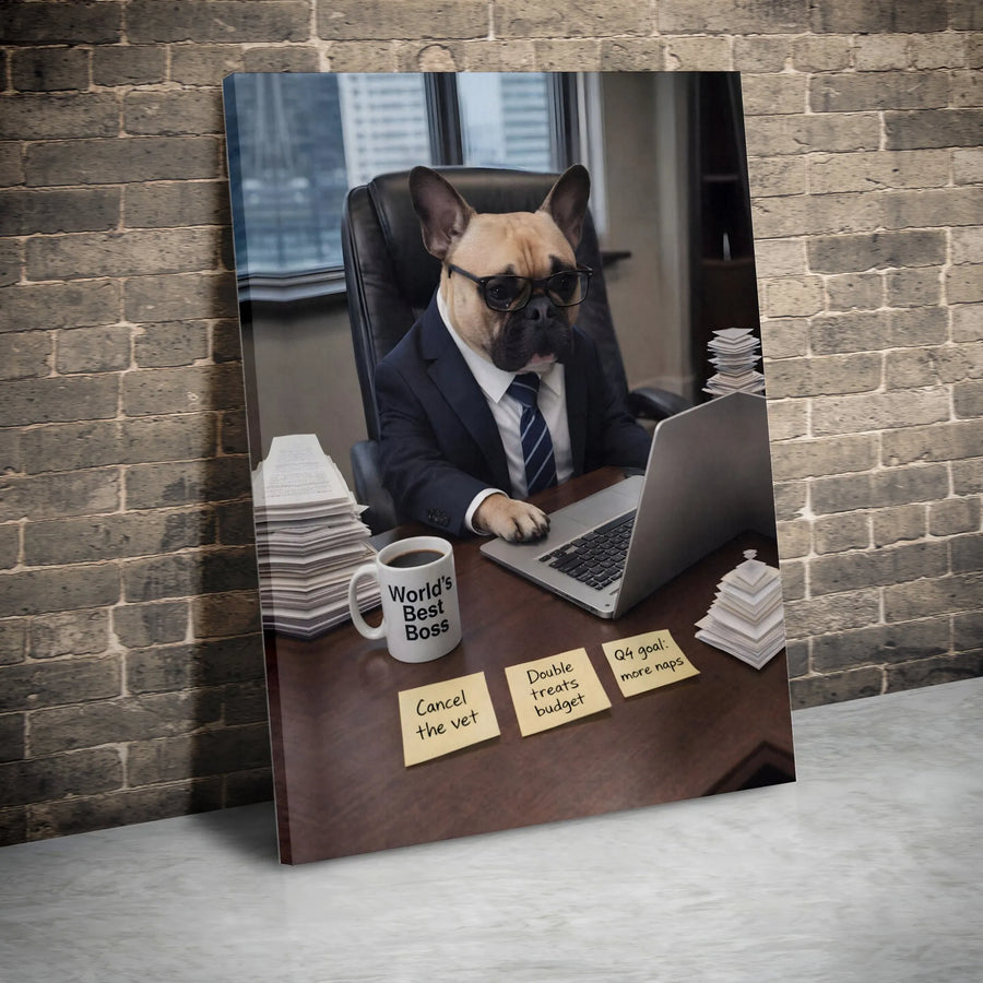 French Bulldog Boss Canvas Print | Funny Dog Office Desk Wall Art | Premium Gallery Wrap Decor | Professional Animal Gift for Coworker