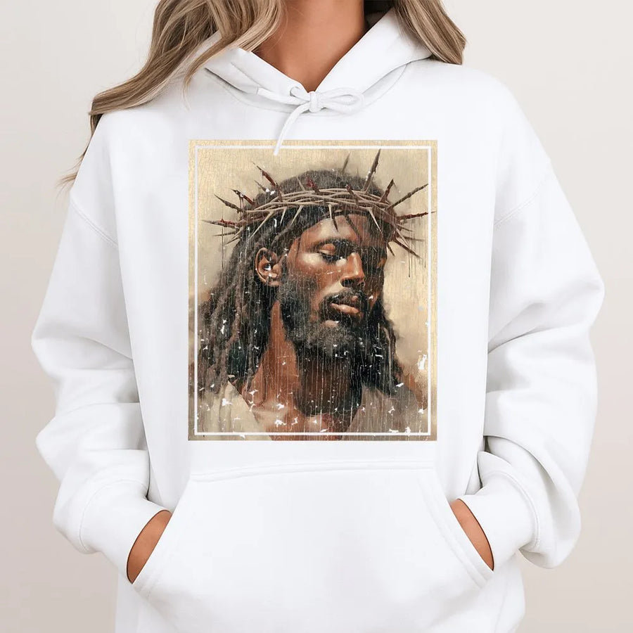 Black Jesus Hoodie | Crown of Thorns Religious Art | Premium Cotton-Blend Pullover | Christian Faith Gift for Men and Women