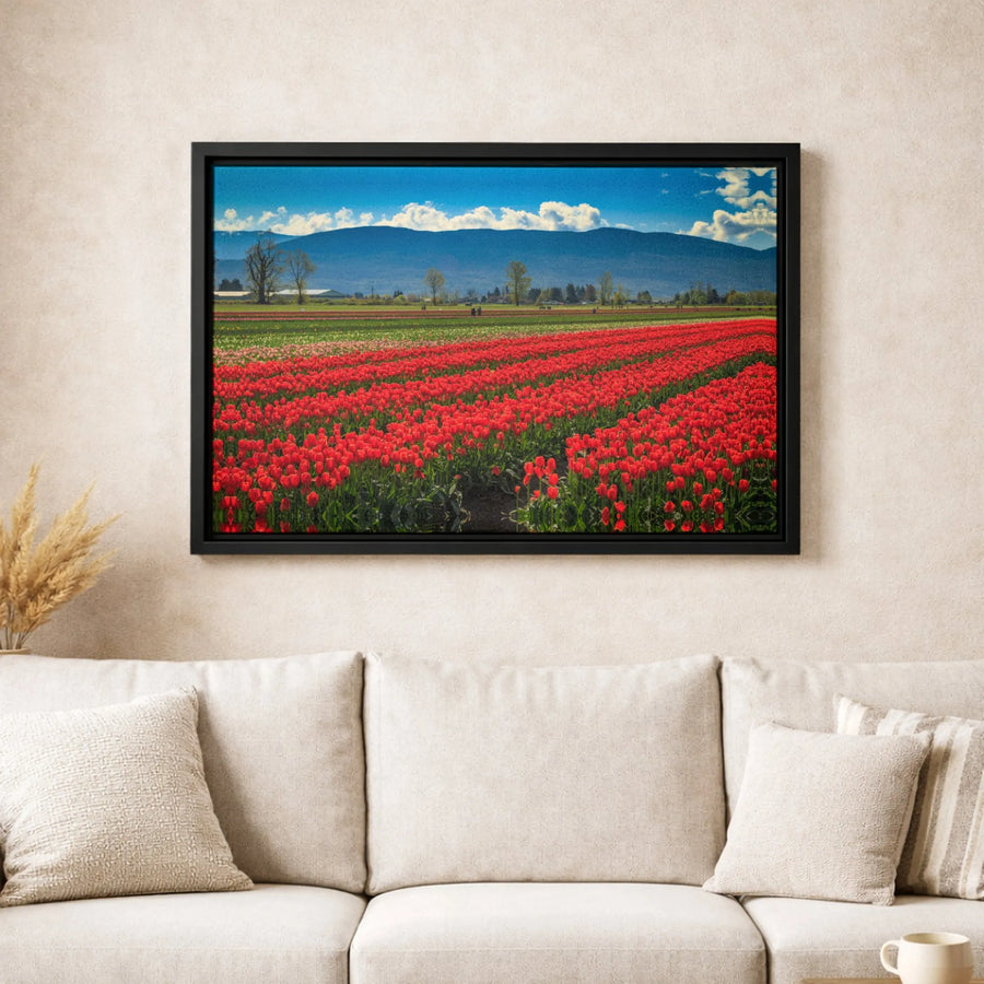 Red Tulip Field Wall Art | Mountain Landscape Canvas Print | 1.25 Inch Gallery Wrap | Floral Nature Decor for Living Room Gift