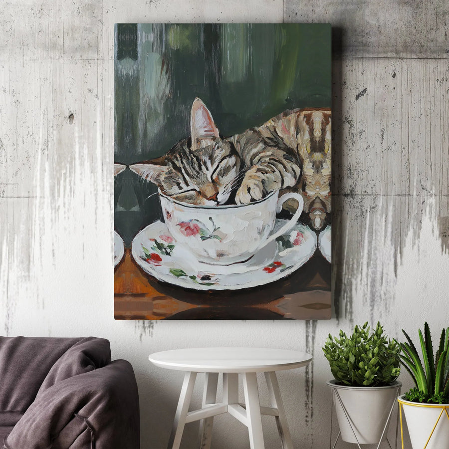 Sleeping Tabby Cat Wall Art | Floral Teacup Oil Painting Style | Premium 1.25-Inch Gallery Canvas | Cute Animal Home Decor Gift