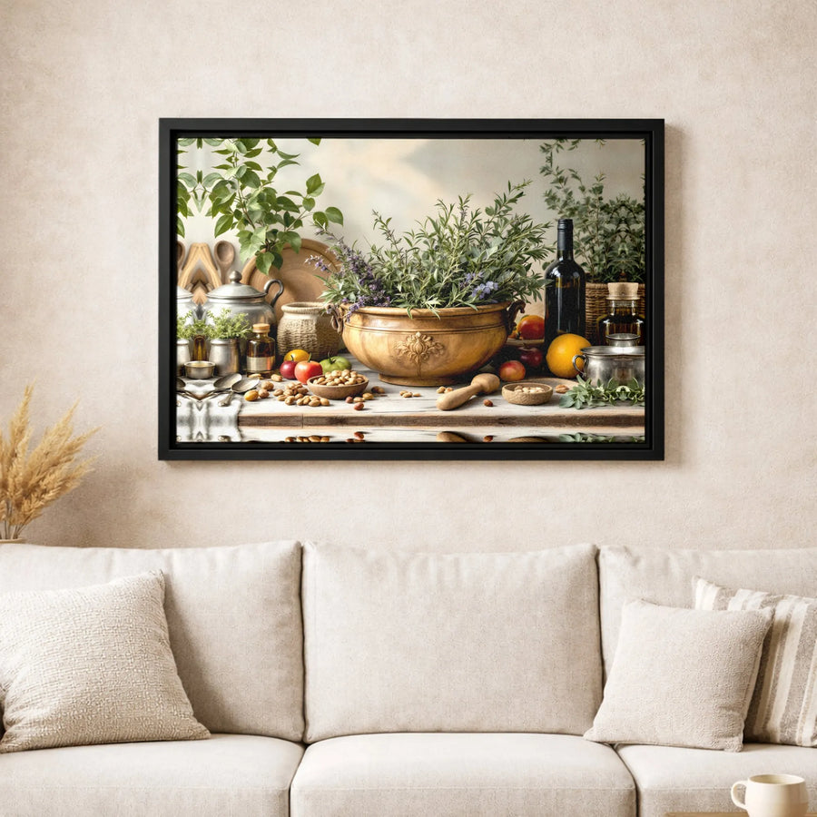 Rustic Kitchen Still Life Canvas | Farmhouse Herb and Fruit Wall Art | Premium Gallery-Wrapped Print | Elegant Home Decor for Kitchen or Dining Room